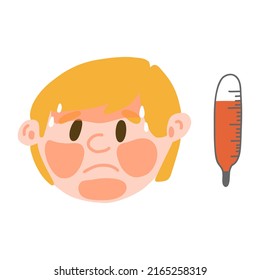 Man in fever with a high temperature in cartoon flat style. Boy with symptom of flu, cold, virus with red face and thermometer isolated on white background