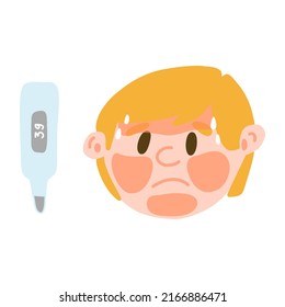 Man in fever with a high temperature in cartoon flat style. Boy with symptom of flu, cold, virus with red face and thermometer isolated on white background