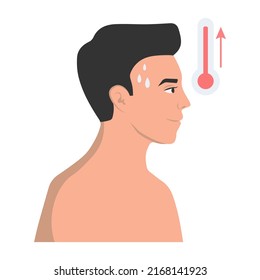 A man in a fever with a high temperature as a symptom of a virus, flu, cold. Vector illustration.