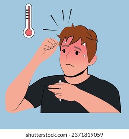 Man with fever with high temperature as a symptom of flu, cold. Sweating guy holding a thermometer. Isolated vector illustration in cartoon style.
