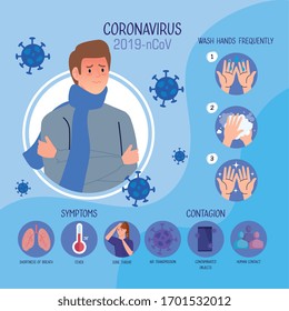 man with fever and infographic of coronavirus 2019 ncov and icons vector illustration design