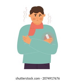man with fever. Thermometer under the arm. Colds, flu and virus. Neck scarf. Cartoon character. Universal drug advertising design. Vector illustration, flat