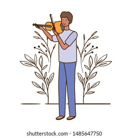 man with fiddle and branches and leaves in the background