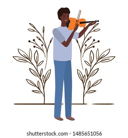 man with fiddle and branches and leaves in the background