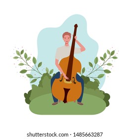 man with fiddle and branches and leaves in the background