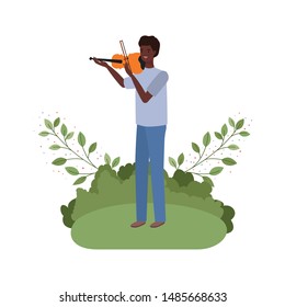 man with fiddle and branches and leaves in the background