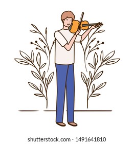 man with fiddle and branches and leaves in the background