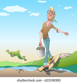 A man in the field collects potatoes. A frog jumps over the grass.