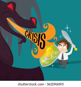 man fight to dragon fire with shield and sword concept smart fight in business crisis, vector, illustration  