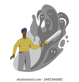 Man fight with fear. Young guy with sword fights with shadows. Negative feelings and emotions. Frightened person against horror. Flat vector illustration isolated on white background