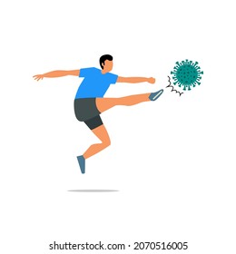 Man fight kick a virus. Stop coronavirus (covid-19), Flat Cartoon Vector Illustration