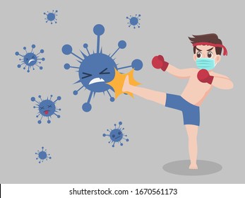 Man Fight kick virus wearing a surgical protective Medical mask for prevent virus Wuhan Covid-19.Corona virus. Health care concept.