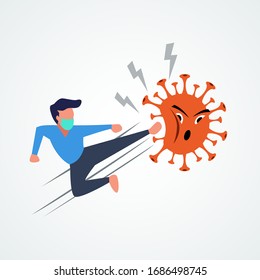 Man Fight kick a virus, wearing a Medical mask for prevent virus. Stop coronavirus (covid-19), Flat Cartoon Vector Illustration