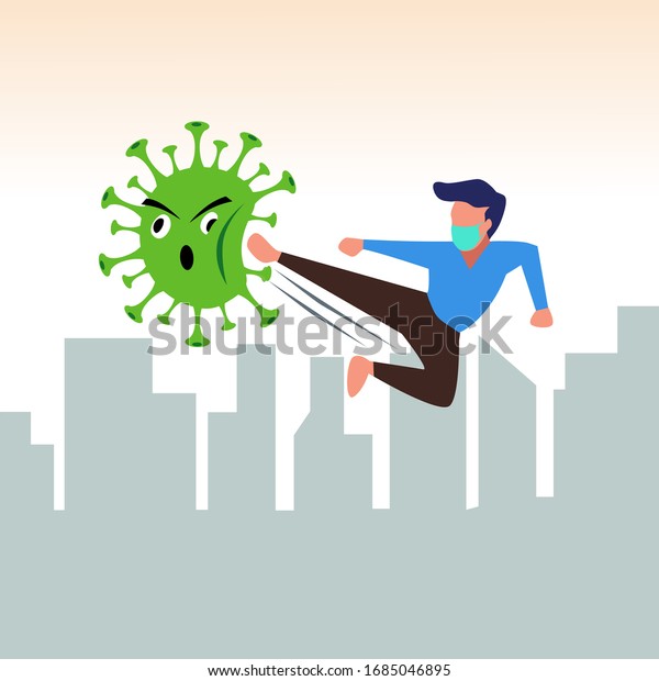 Man Fight kick a virus, wearing a Medical\
mask for prevent virus. Stop coronavirus (covid-19), Flat Cartoon\
Vector Illustration