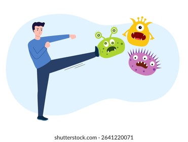 Man Fight kicking virus, bacteria or germs in flat design on white background.