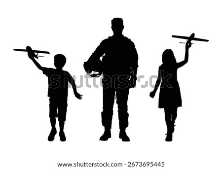 Man fighter pilot holding helmet standing between boy and girl holding airplane toy front view vector silhouettes.