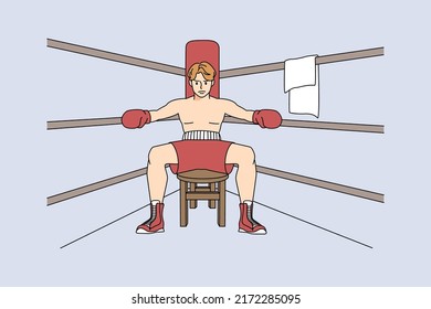 Man fighter sit on ring getting ready for match or competition. Male boxer preparing for final round. Sport and martial arts concept. Vector illustration. 