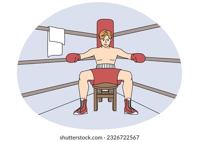 Man fighter sit on ring getting ready for match or competition. Male boxer preparing for final round. Sport and martial arts concept. Vector illustration.