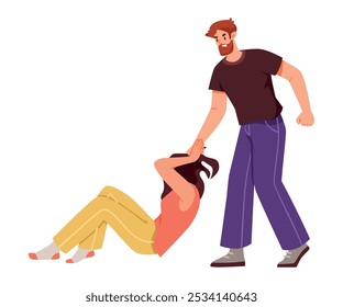 Man Fighting and Beating Woman with Aggression and Violence Vector Illustration