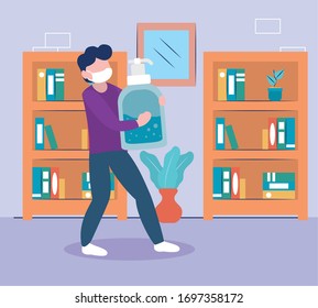 man fighting coronavirus holding a big antibacterial gel bottle icon over library shelves scenery background, colorful design, vector illustration