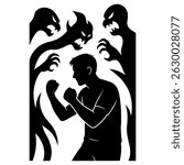 Man fighting demons silhouette vector illustration for mental health awareness and overcoming challenges
