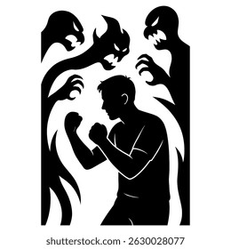 Man fighting demons silhouette vector illustration for mental health awareness and overcoming challenges