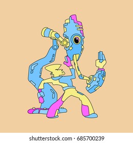 Man fighting with an industrial robot. Human vs AI struggle. Hand drawn flat style vector illustration.