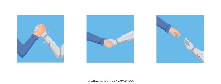 Man is fighting robot concept. Hand character and robot are engaged in arm wrestling conclude truce help each other artificial technological power against human vector intelligence clipart energy