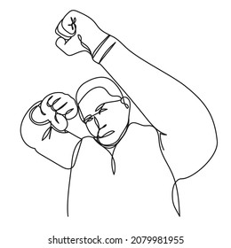 Man in a fighting stance in a continuous line on a white background. An elderly martial artist. Vector fighter.