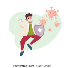 Man fighting virus vector cartoon illustration concept. Person fighting virus concept for website landing page, poster, pamphlet or any design