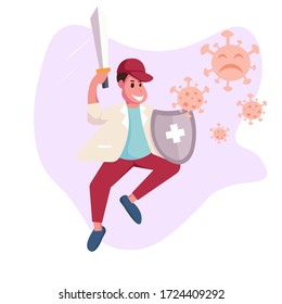 Man fighting virus vector cartoon illustration concept. Person fighting virus concept for website landing page, poster, pamphlet or any design