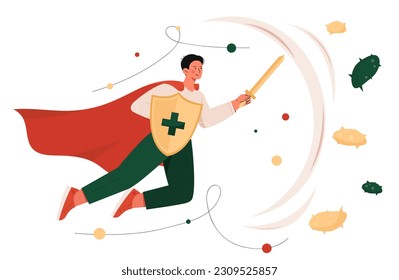 Man fighting virus. Young guy in superhero cape with shield engaged in treatment and prevention. Health care and fight against bacteria. Immune system resistance. Cartoon flat vector illustration