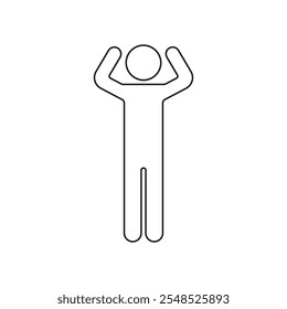 Man Figure with Bent Arms Raised Line Icon. Stick Figure with Arms Raised at Head, Human Body Gesture Pose Outline Symbol. Editable Stroke. Isolated Vector Illustration.