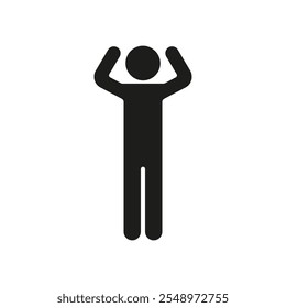 Figura de hombre con brazos doblados Icono de silueta levantada. Figura de palo con los brazos levantados en la cabeza, gesto del cuerpo humano, símbolo de glifo de pose. Ilustración vectorial aislada.