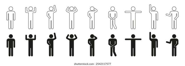 Man Figure Line and Silhouette Icon Set in Various Poses. Stick Figure with Different Gesture and Pose Collection. Editable Stroke. Isolated Vector Illustration.