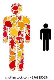 Man Figure mosaic icon done for fall season. Vector man figure mosaic is constructed from random fall maple and oak leaves. Mosaic autumn leaves in bright gold, brown and red colors.