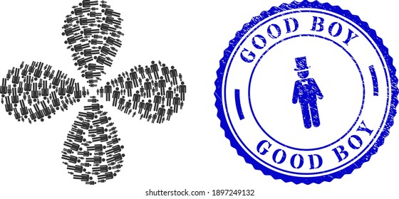Man figure rotation flower shape, and blue round GOOD BOY rubber print with icon inside. Element curl composed from oriented man figure items. Vector flower collage in flat style.