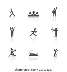 Man figure in suit and group action black icon set isolated vector illustration
