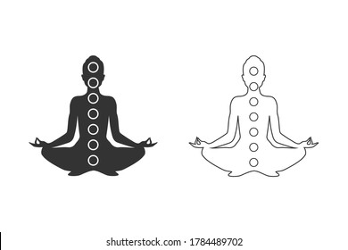 Man figure with symbols of chakras meditation concept, yoga position. Vector line icon set