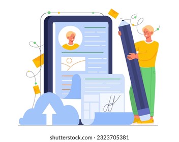 Man fill out form via mobile application. Entrepreneur and businessman conclude agreement with electronic signature. Modern technologies and digital world. Cartoon flat vector illustration