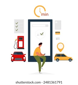 Hombre rellena un formulario a través de la aplicación móvil. Pedido en línea de coche, alquiler o compartir utilizando el App móvil. 