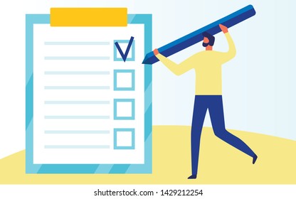 Man Fill in Questionnaire, Survey Sheet, Exam Test, Resume, Check List on Clipboard with Huge Pencil Cartoon. Employment, Interview, Online Form Filling, Recruiting. Vector Flat Illustration