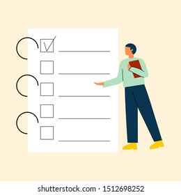 Man filling checklist. Man write notes in on large office supplies. Flat vector illustration.