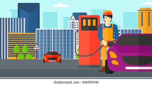 Man filling up fuel into car.