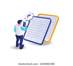 Man filling online registration form flat and isometric illustration