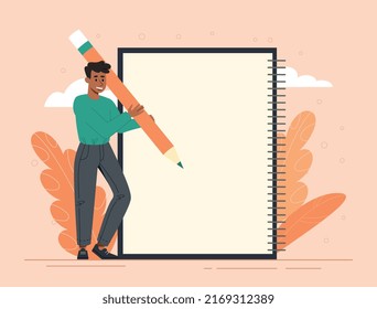 Hombre rellenando nota en blanco. Planificación y priorización, el personaje escribe sus metas o sueños en cuaderno o bloque. Motivación, fijación de objetivos y autodesarrollo. Dibujo vectorial plano de dibujos animados