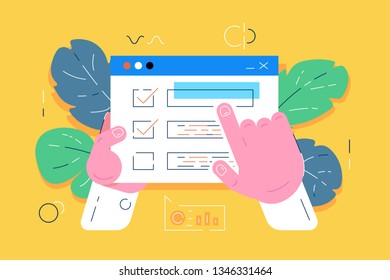 Man filling out form vector illustration. Male hands completing personal information in blank flat style concept. Document with red ticks checkmarks. Internet application for employment