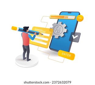 Man filling in smartphone data security account password flat illustration concept