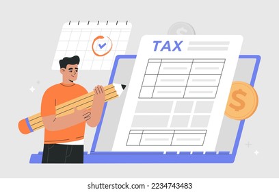 Man filling tax form online using laptop. Tax submitting system. Electronic payment of Invoice, digital receipt. Hand drawn colored vector illustration isolated on background, flat cartoon style