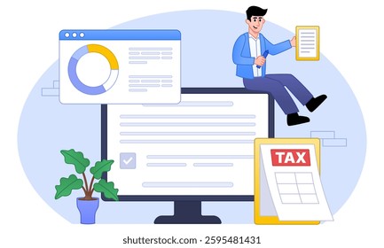 Man filling tax form online using laptop. Tax submitting system. Electronic payment of Invoice, digital receipt. Hand drawn colored vector illustration isolated on background, flat cartoon style.